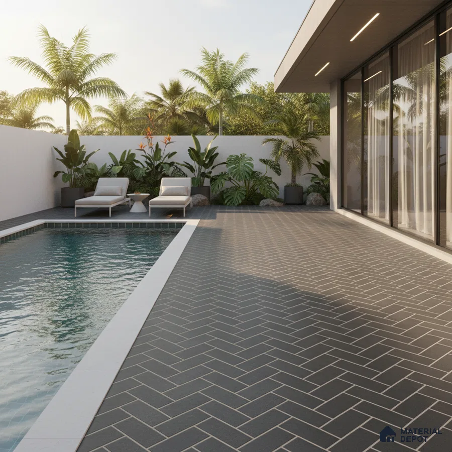 Modern outdoor poolside with charcoal herringbone floor tiles and white border tile