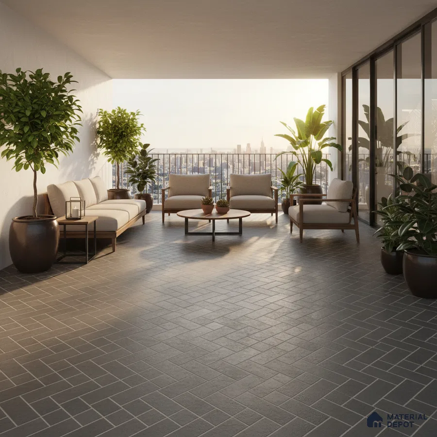 Modern balcony with grey herringbone floor tiles and wooden outdoor furniture