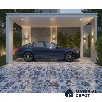 Modern parking with blue and white patterned moroccan floor tiles and stone cladding accent wall