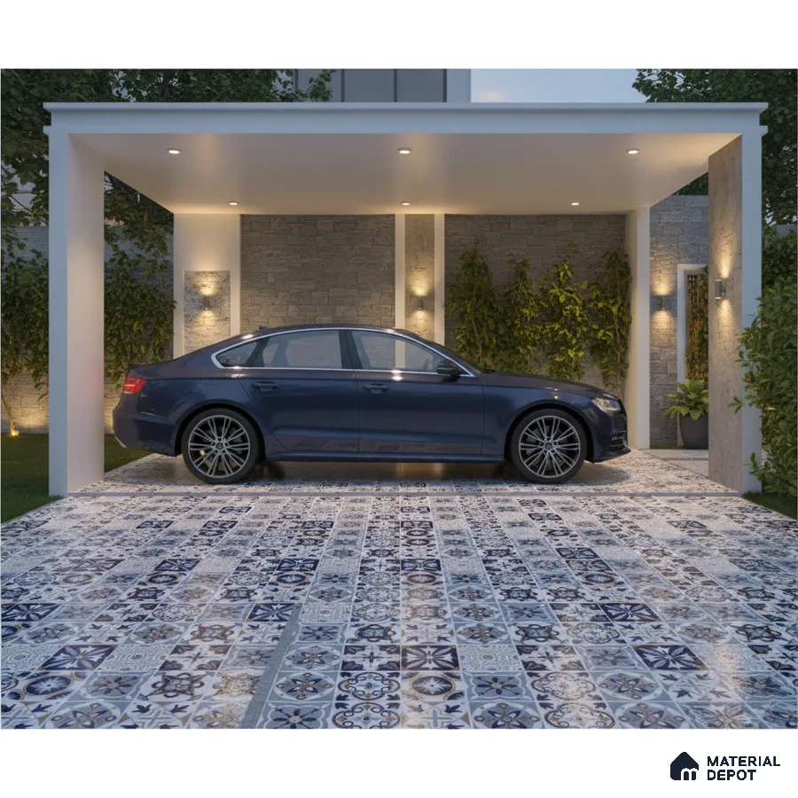 Modern parking with blue and white patterned moroccan floor tiles and stone cladding accent wall