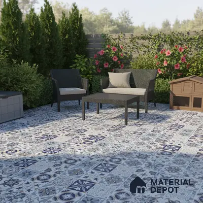Mediterranean outdoor seating with blue and white patterned floor tiles