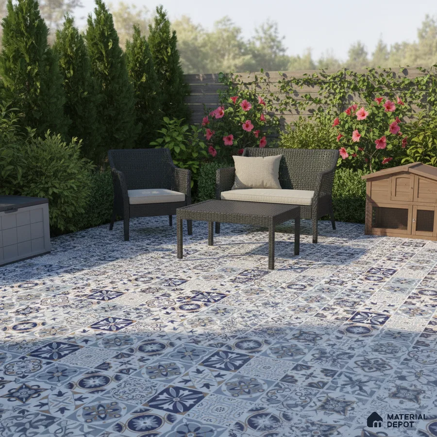 Mediterranean outdoor seating with blue and white patterned floor tiles