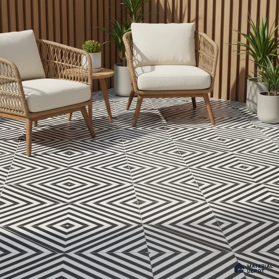 Modern outdoor seating with geometric black-and-white floor tiles and wood slat wall panels