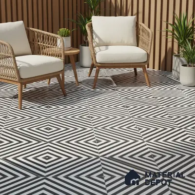 Modern outdoor seating with geometric black-and-white floor tiles and wood slat wall panels