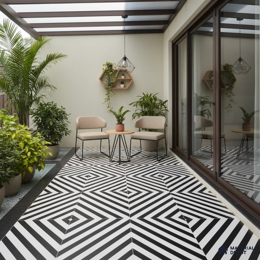 Modern balcony with black-and-white geometric floor tiles and beige outdoor seating