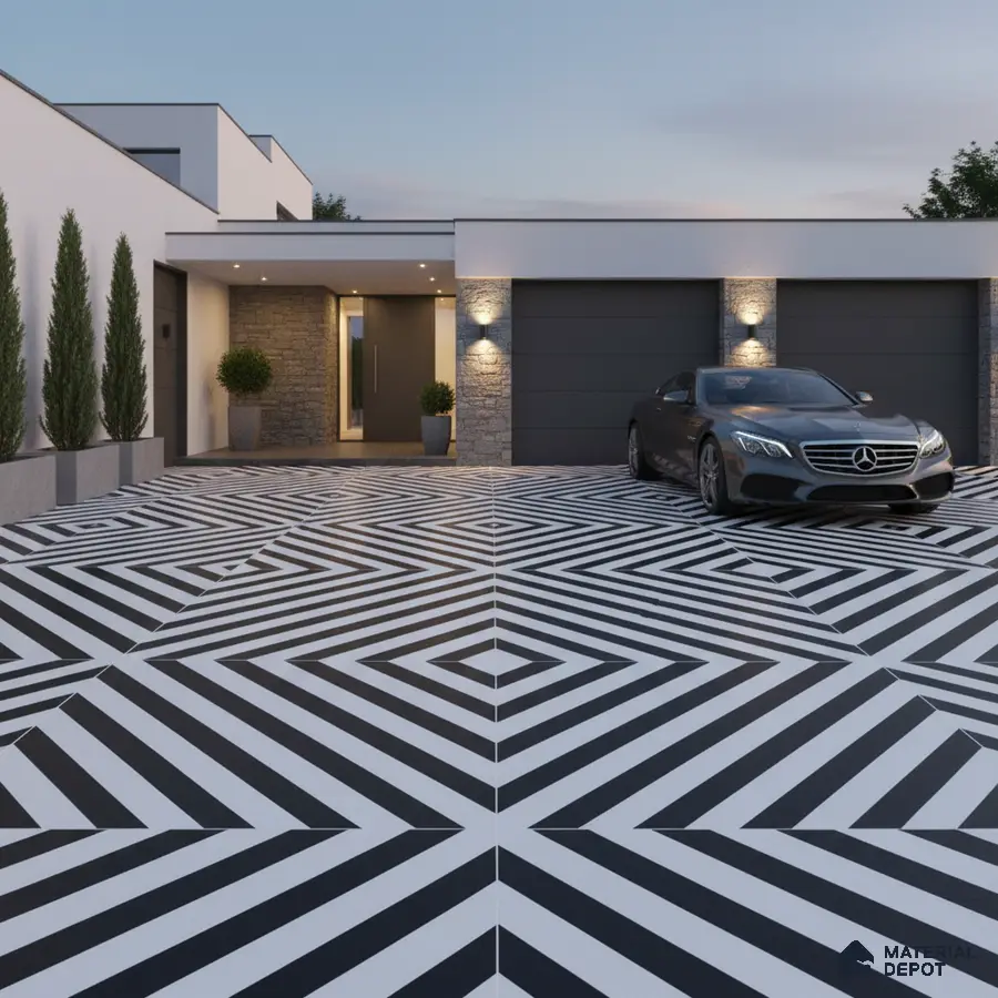 Modern parking with black-and-white geometric patterned floor tiles and stone cladding accent wall
