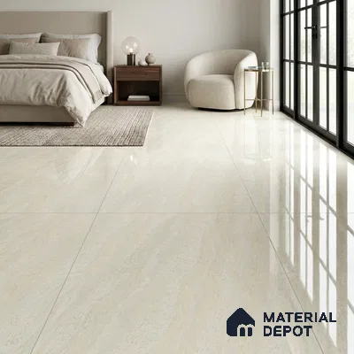 Modern Bedroom with Glossy Cream Marble-Look Floor Tile