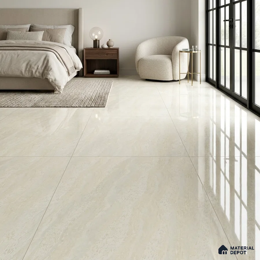 Modern Bedroom with Glossy Cream Marble-Look Floor Tile