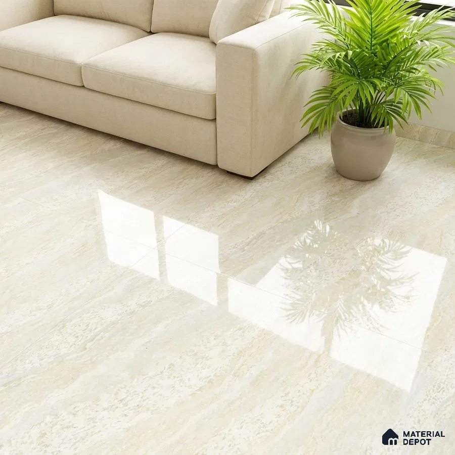 Modern living room with beige marble-look glossy floor tiles and neutral sofa