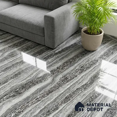 Modern living room with grey vein cut marble look polished floor tiles