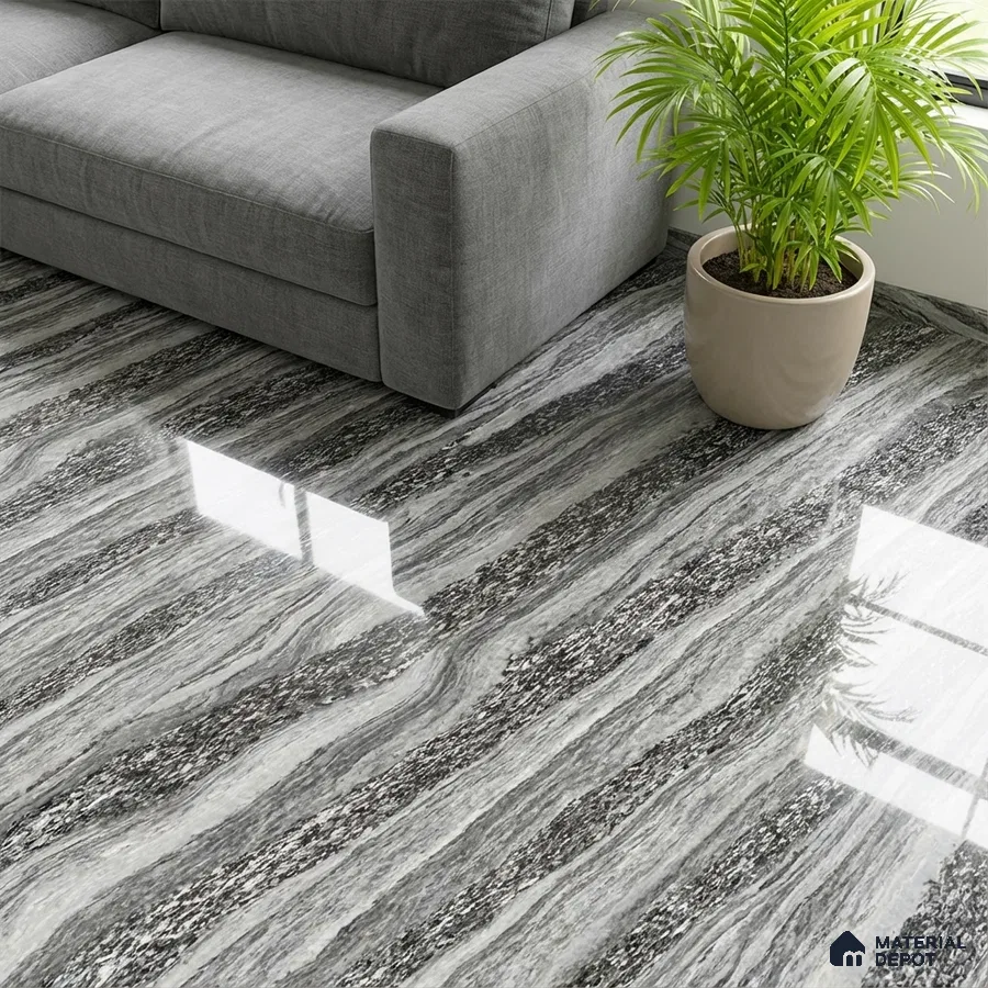 Modern living room with grey vein cut marble look polished floor tiles