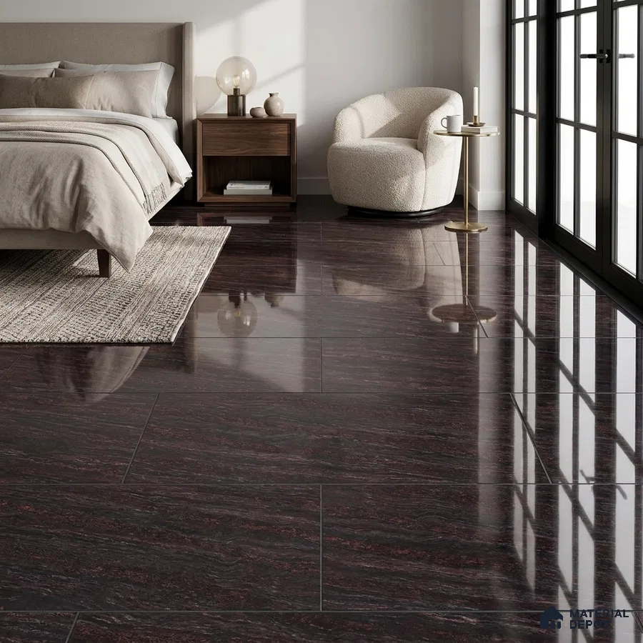 Modern Bedroom with Glossy Maroon Black Marble-Look Floor Tile