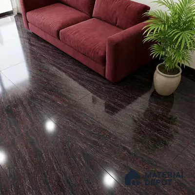 Modern living room with burgundy sofa and polished dark marble floor tiles