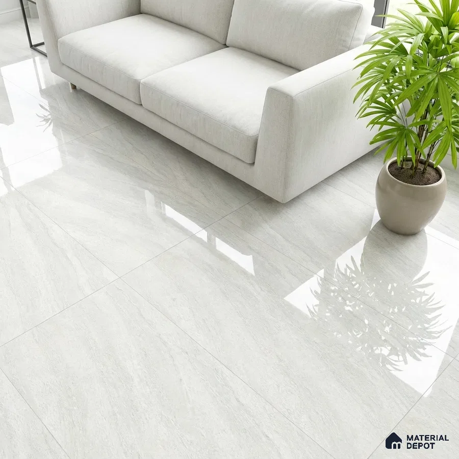 Minimalist living room with glossy light grey marble-look floor tiles and off-white fabric sofa