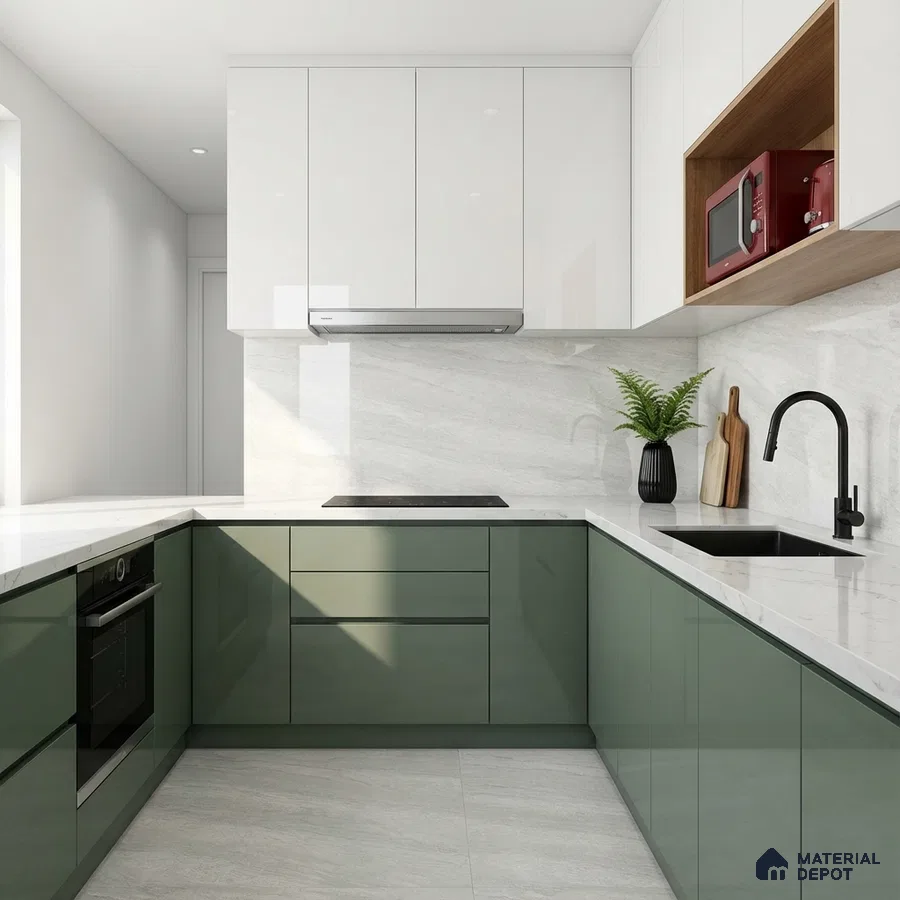 Modern dual tone kitchen with olive green and frosty white high gloss laminate, white marble-look quartz countertop