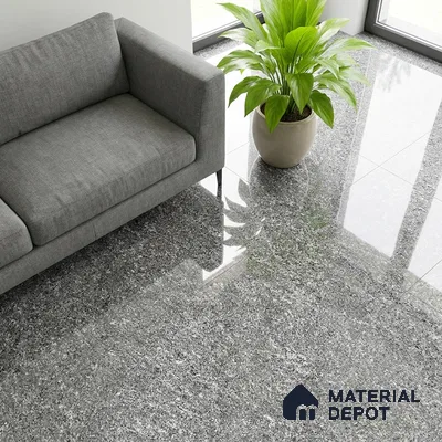 Modern living room with grey granite polished floor tiles and grey fabric sofa
