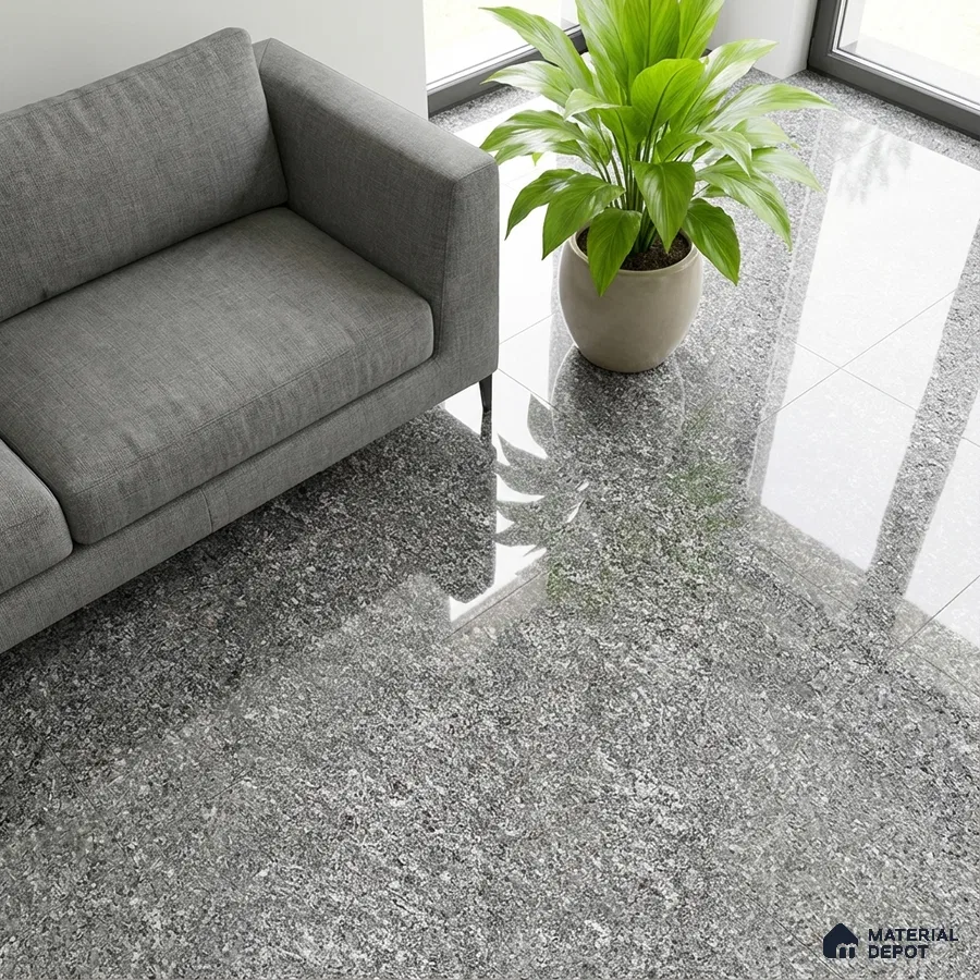 Modern living room with grey granite polished floor tiles and grey fabric sofa