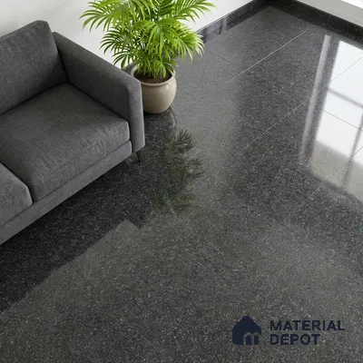 Modern living room with polished black granite floor tiles and grey fabric sofa