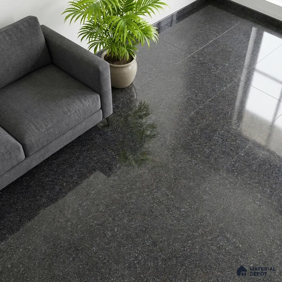 Modern living room with polished black granite floor tiles and grey fabric sofa