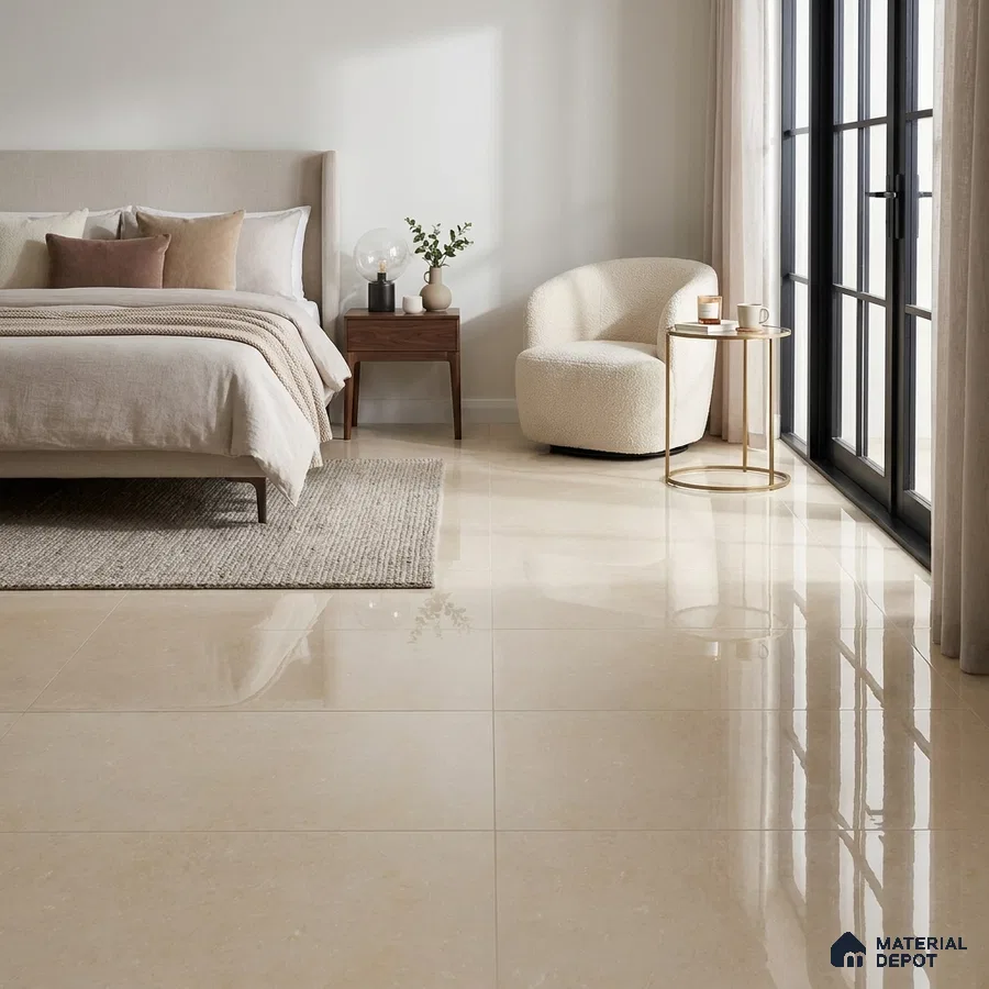 Modern Bedroom with Glossy Vanilla Beige Marble-Look Floor Tile