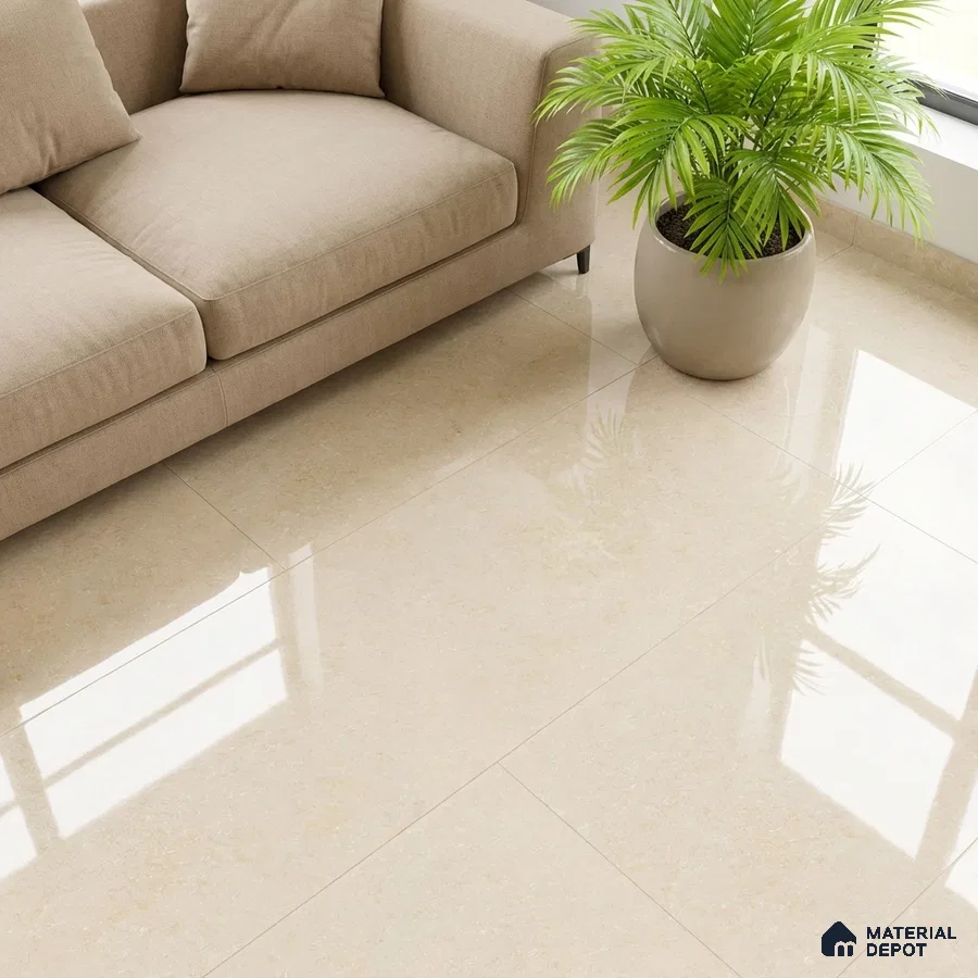 Minimalist living room with beige marble-look glossy floor tiles and neutral fabric sofa