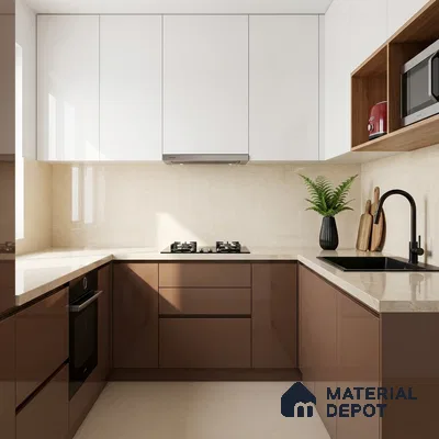 Modern dual tone kitchen with glossy brown and frosty white laminate, beige quartz countertop, and beige backsplash