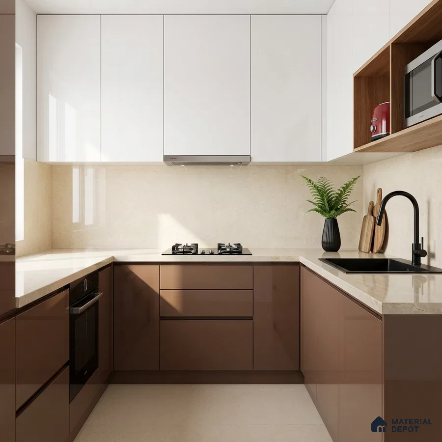 Modern dual tone kitchen with glossy brown and frosty white laminate, beige quartz countertop, and beige backsplash