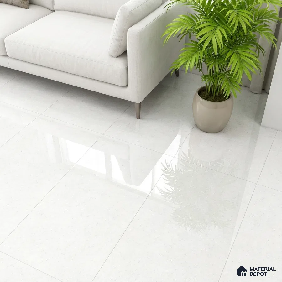 Minimalist living room with glossy white floor tiles and light beige fabric sofa