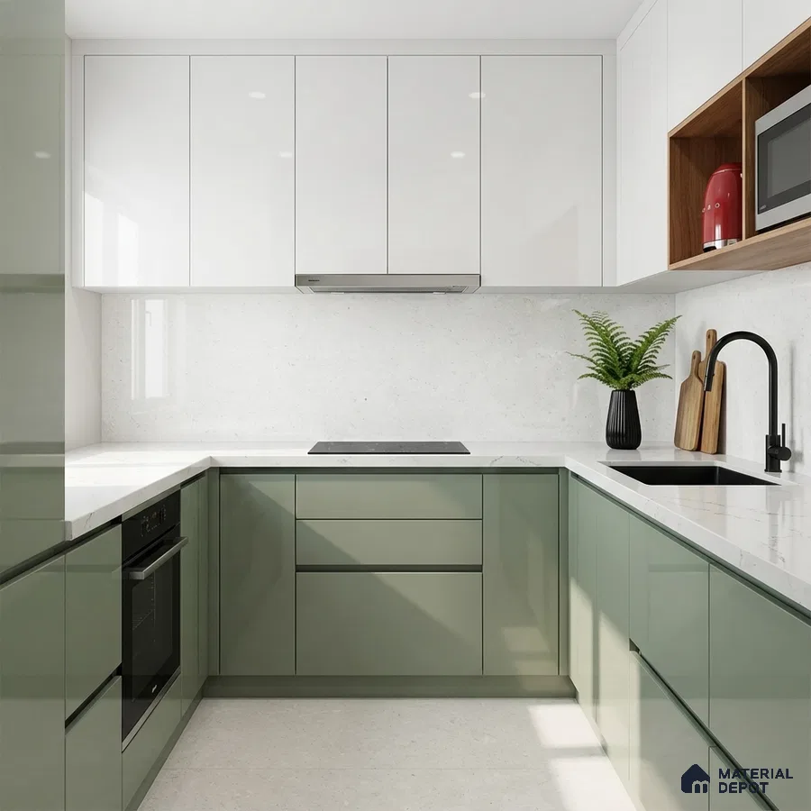 Modern dual tone kitchen with sage green and frosty white high gloss laminate, white quartz countertop