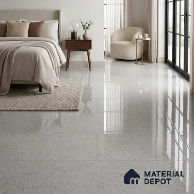 Modern Bedroom with Glossy Misty Grey Terrazzo-Look Floor Tile