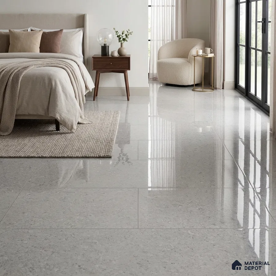 Modern Bedroom with Glossy Misty Grey Terrazzo-Look Floor Tile
