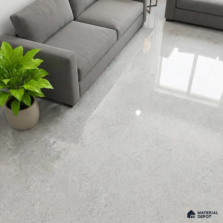Minimalist living room with grey polished marble floor tiles and grey fabric sofa
