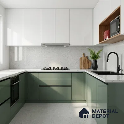 Modern dual tone kitchen with olive green laminate, frosty white laminate, and white quartz countertop