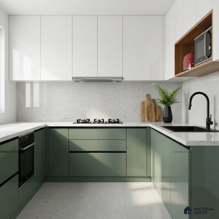 Modern dual tone kitchen with olive green laminate, frosty white laminate, and white quartz countertop