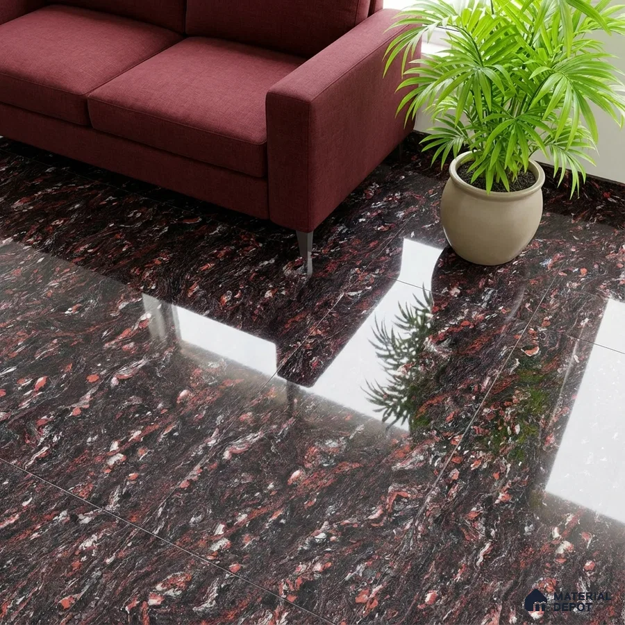 Modern living room with burgundy sofa and polished black-red marble floor tiles