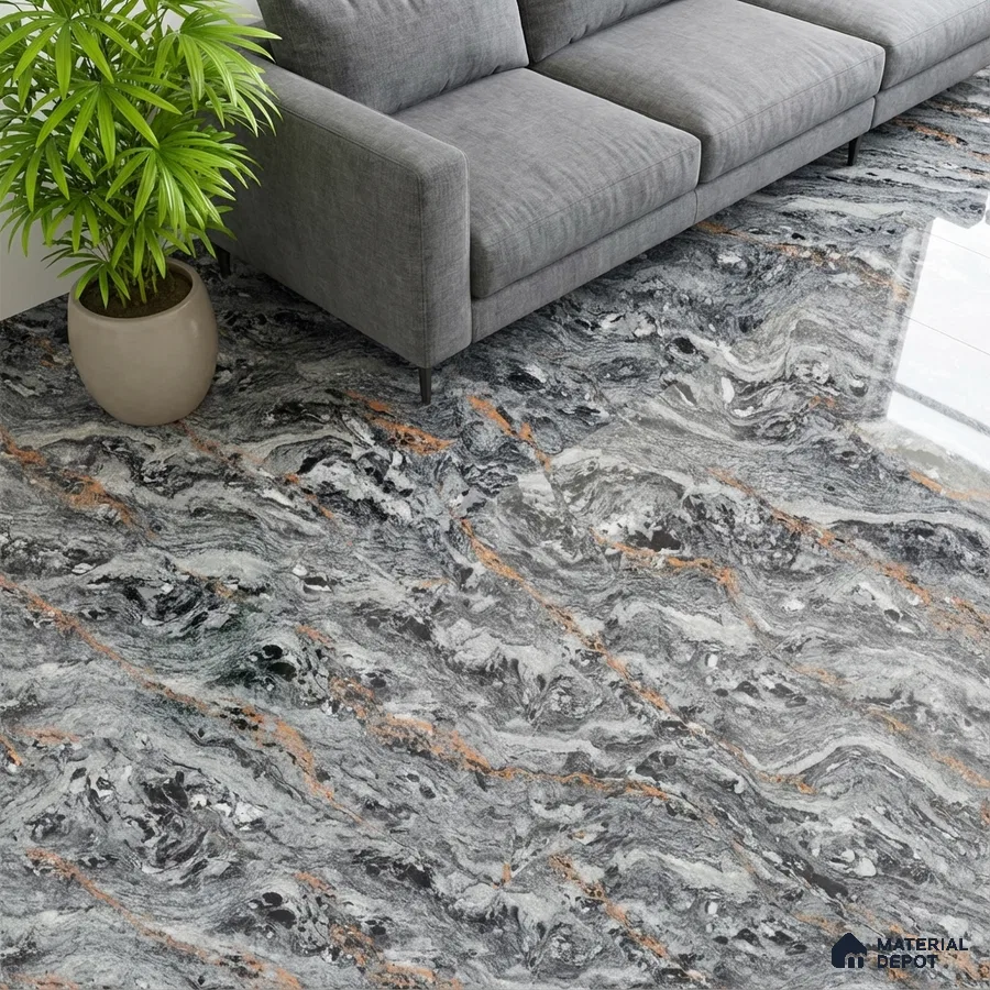 Modern living room with grey marble-look floor tile and grey fabric sofa