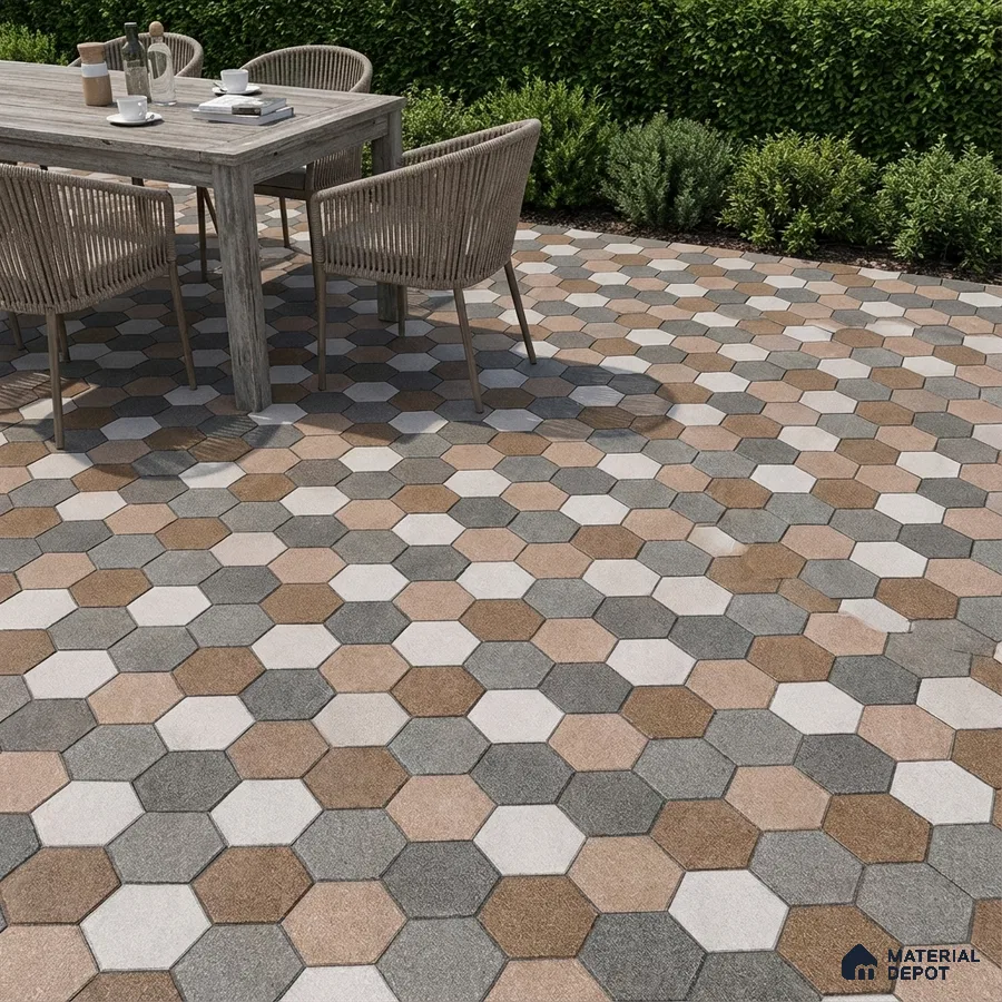 Modern outdoor patio with multicolor hexagonal floor tiles and rustic wood dining set
