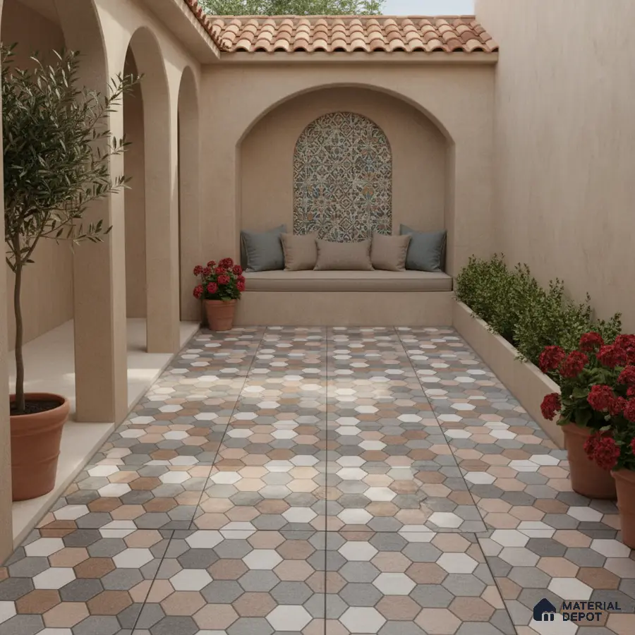 Mediterranean outdoor patio with hexagonal terracotta and grey floor tiles and patterned mosaic wall tile