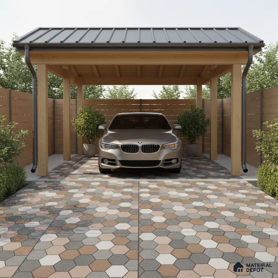 Modern parking with hexagonal multicolor outdoor tiles and wooden fencing