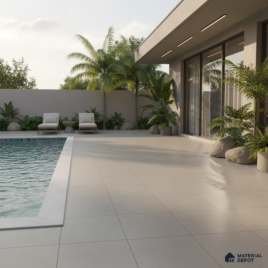 Modern outdoor poolside with large format beige floor tiles and minimalist landscaping