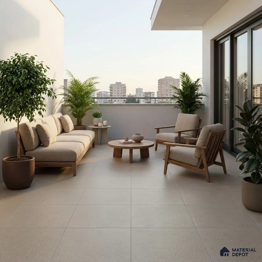 Scandinavian balcony with beige textured floor tiles and natural wood outdoor furniture