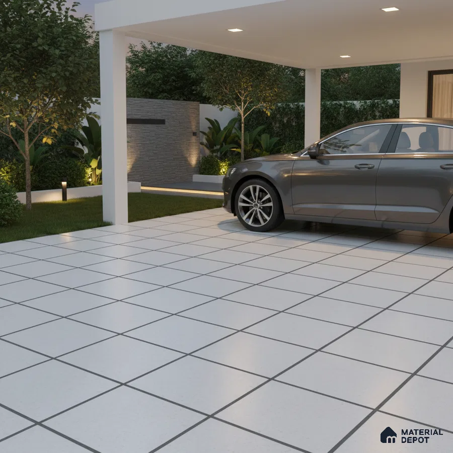 Modern parking with white grid floor tiles and stone cladding accent wall