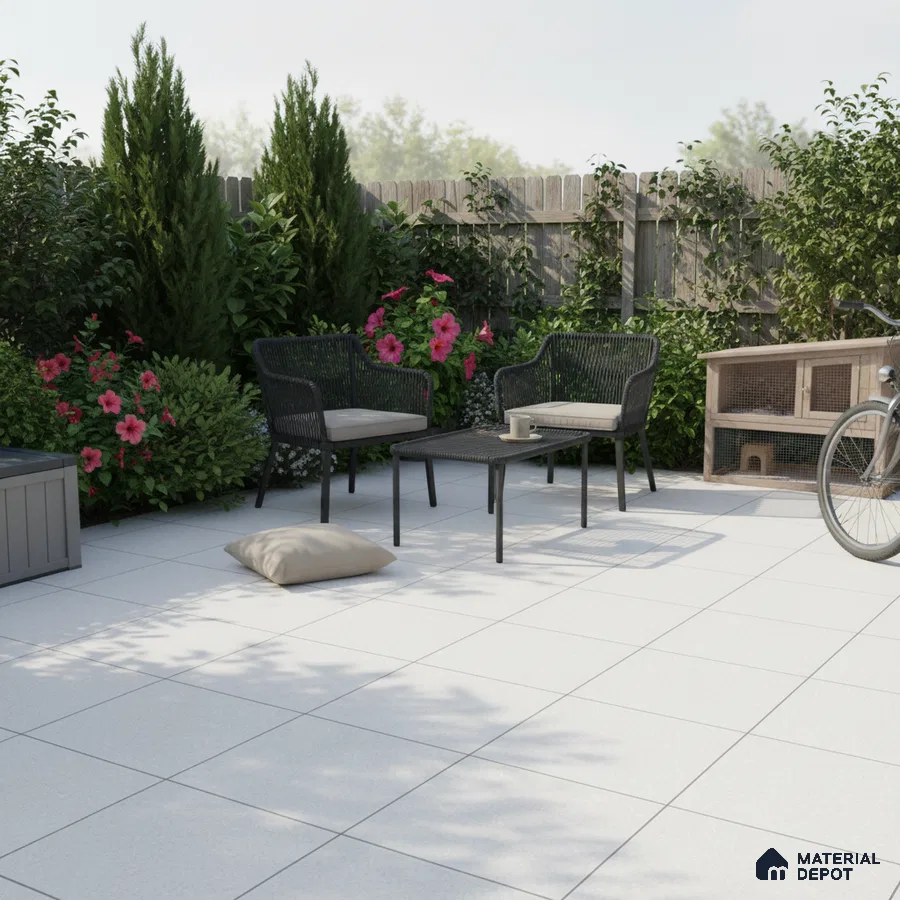 Modern outdoor patio with white matte floor tiles and black wicker furniture