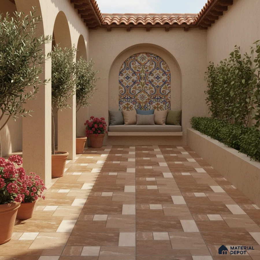 Mediterranean outdoor patio with terracotta floor tiles and colorful patterned tile accent wall
