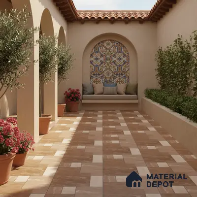 Mediterranean outdoor patio with terracotta floor tiles and colorful patterned tile accent wall