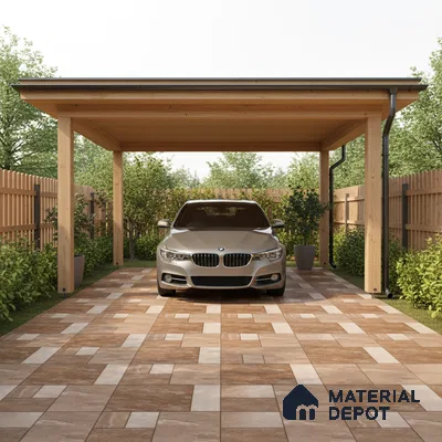 Modern parking with wooden pergola and beige-brown patterned outdoor floor tiles