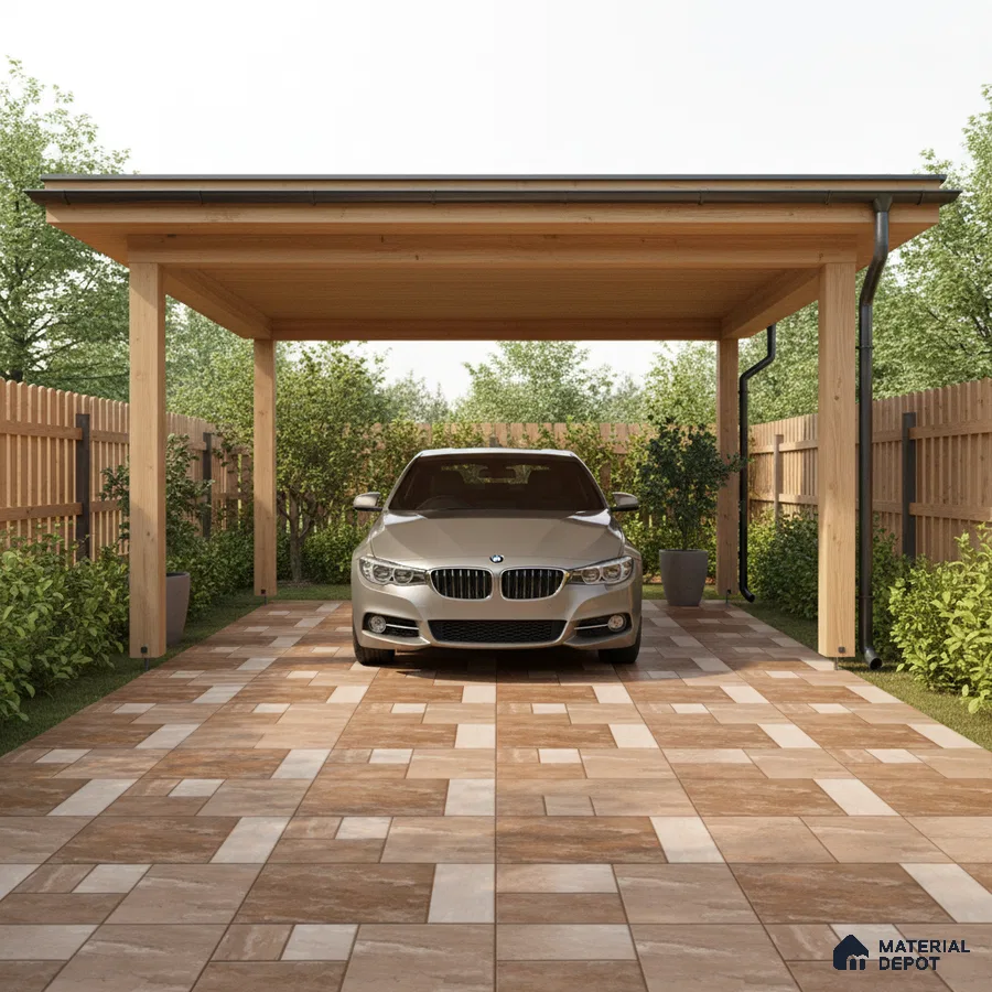 Modern parking with wooden pergola and beige-brown patterned outdoor floor tiles