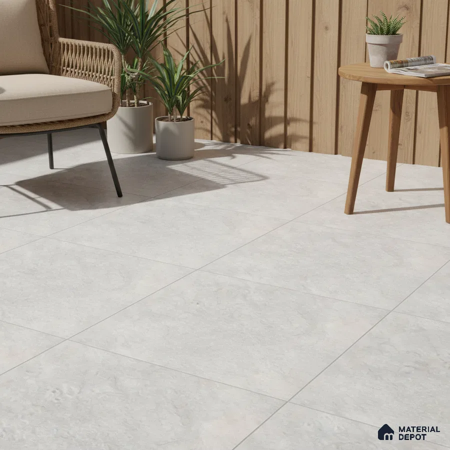 Scandinavian outdoor space with light grey stone-look floor tiles and natural wood cladding