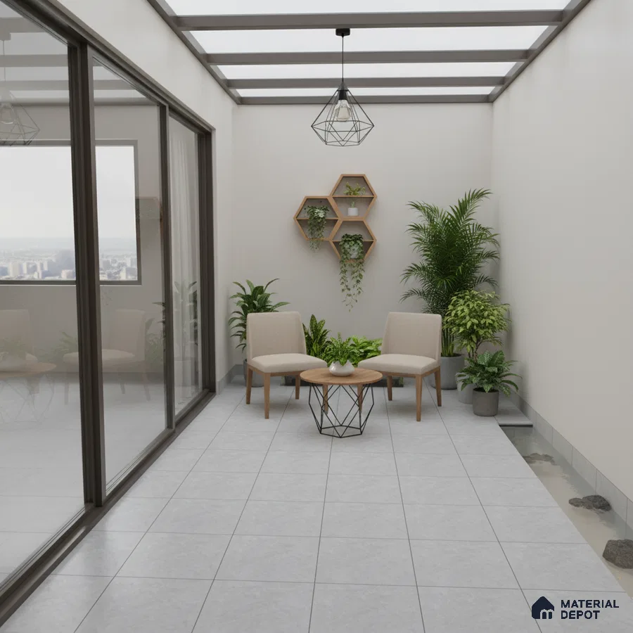 Minimalist balcony with light grey floor tiles and wooden accent furniture