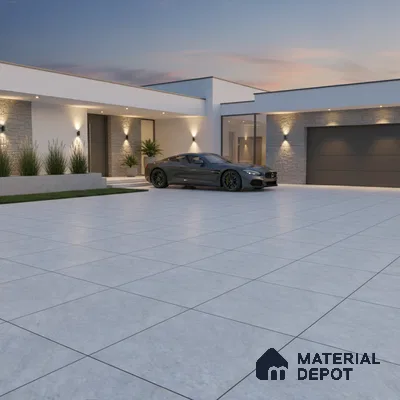 Modern parking with large format grey stone tiles and stone cladding accent walls
